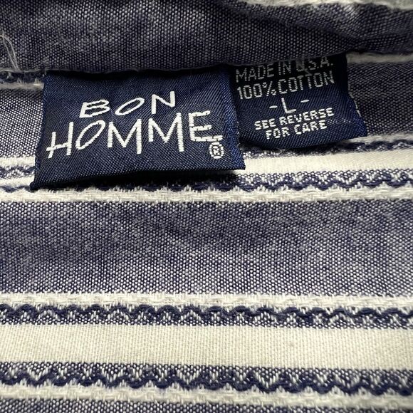 Bon Homme Button Down Vintage Shirt Men's Large Navy Stripes Grandad Made USA - Picture 2 of 6